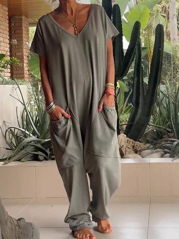 Women's comfortable oversized jumpsuit with V-neck, deep crotch and inset pockets StylebySassy