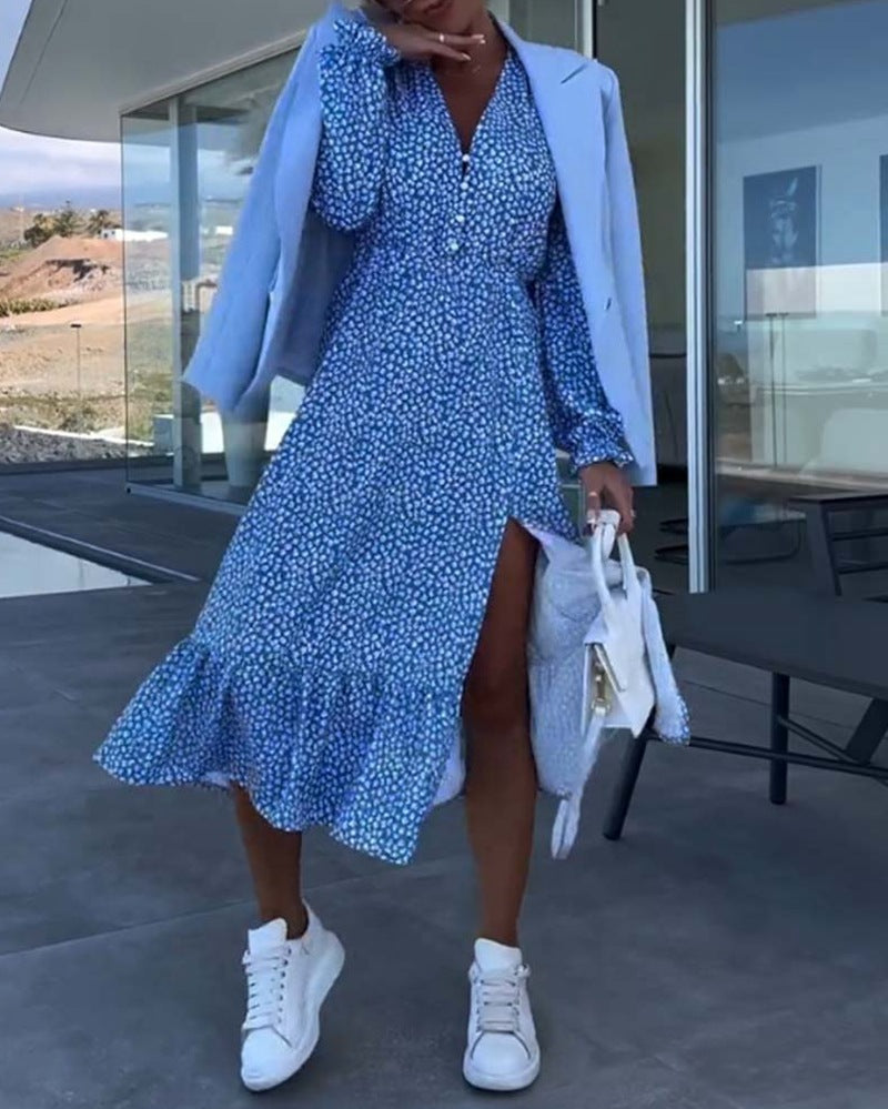 Women nan midi dress with V-neck gathered waist seam long sleeves flounce hem and side leg slit StylebySassy