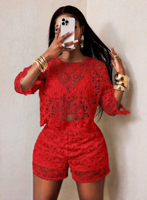 Women's crocheted two-piece set with crop top and high-waisted shorts StylebySassy