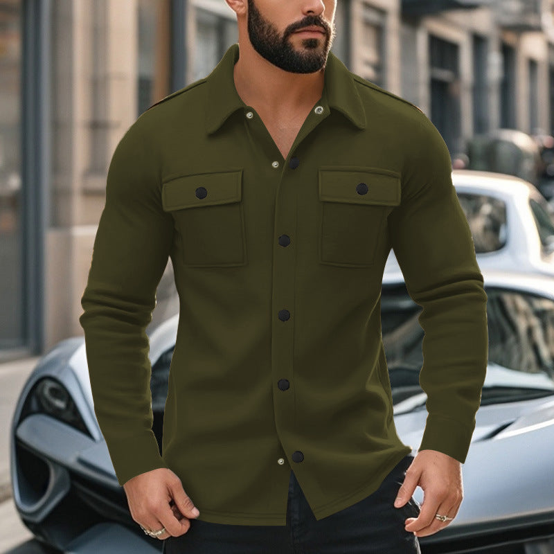Men's fashionable overshirt jacket in felt look with patch breast pockets and visible snap button placket StylebySassy