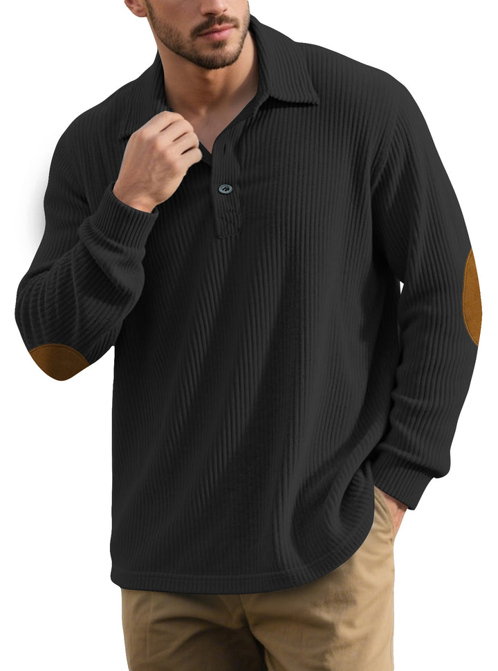 Men's ribbed casual polo with kent collar, short button placket and velour elbow patches StylebySassy
