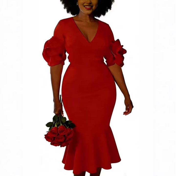 Women's fitted dress with ruffle sleeves and lace accents StylebySassy