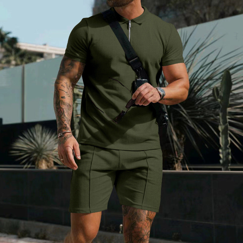 Men's casual polo shirt and chino shorts set with half zipper, textured jersey and subtle crease StylebySassy