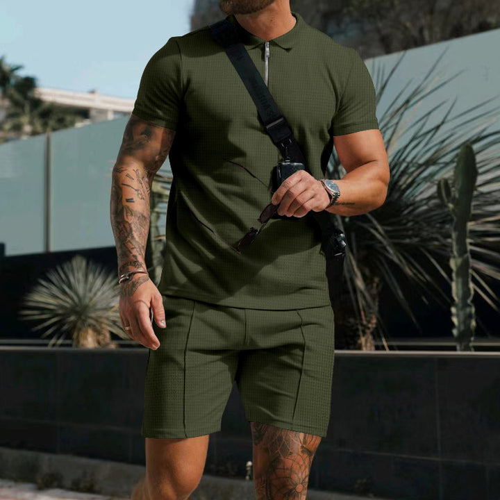 Men's casual polo shirt and chino shorts set with half zipper, textured jersey and subtle crease StylebySassy