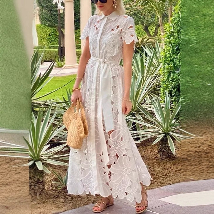 Women's long lace dress with shirt blouse collar, floral cut-out lace, and tie belt StylebySassy