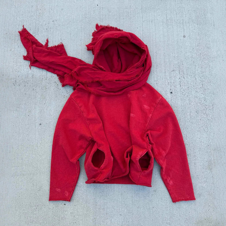 Unisex hooded pullover in usage marks style with attached tube scarf and frayed openings StylebySassy