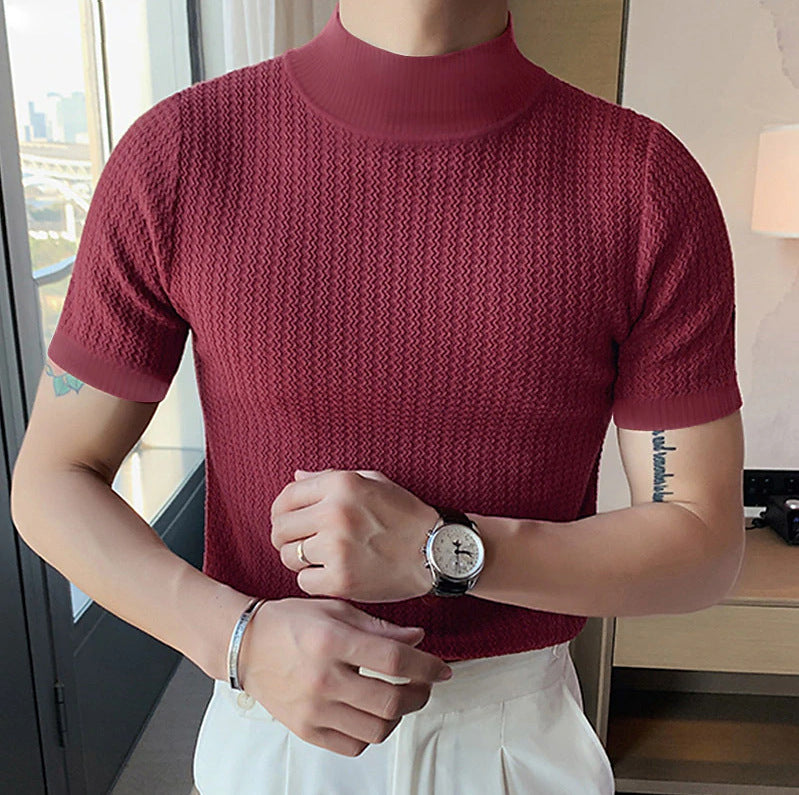 Men's short-sleeve stand-up collar fine knit shirt with fine ribbed structure StylebySassy
