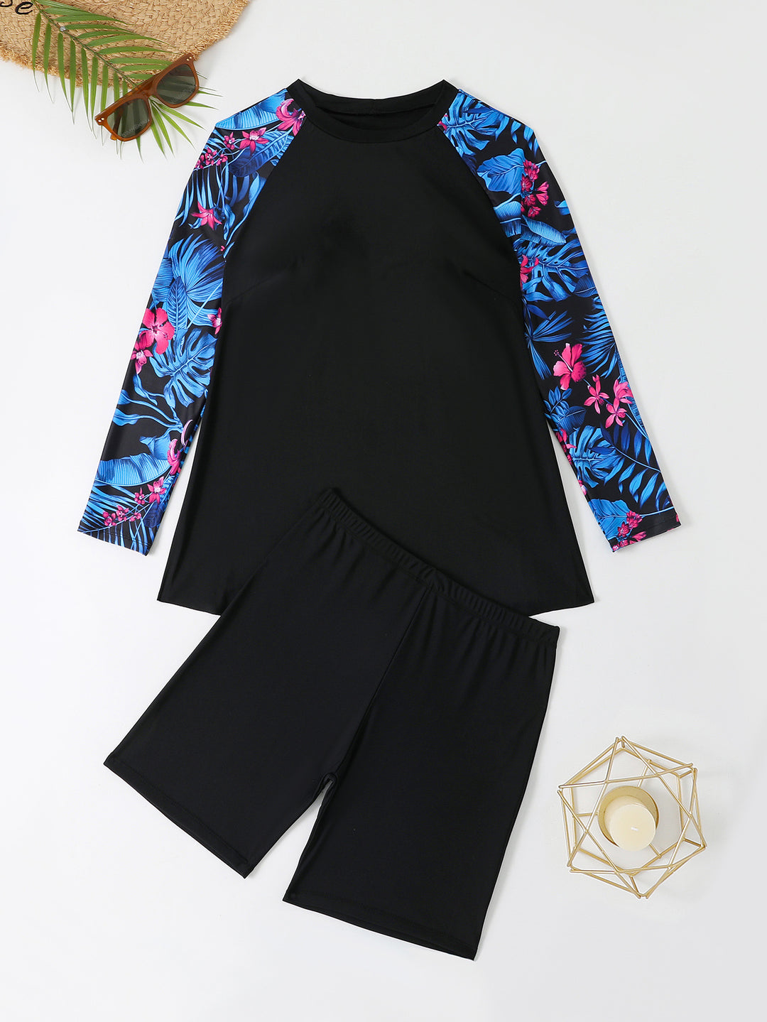 Women's UV Protection Surf Suit Set with Long Sleeves and Colorful Leaf Pattern StylebySassy