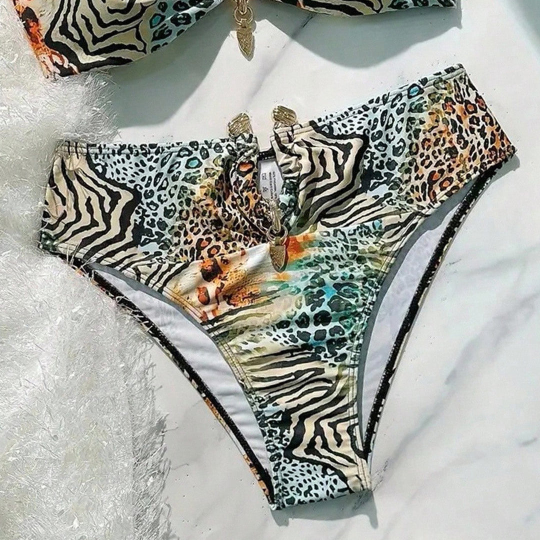 Women's bandeau bikini with animal print and decorative closure StylebySassy