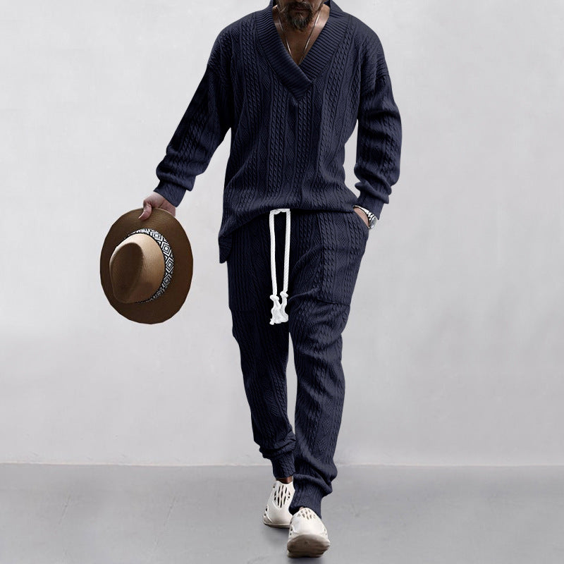 Men's comfortable cable knit set with deep V-neck, drawstring joggers and cuff StylebySassy