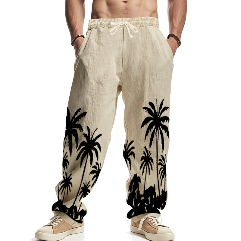 Men's wide leisure pants made of cotton-linen blend with palm print, elastic waistband and drawstring StylebySassy