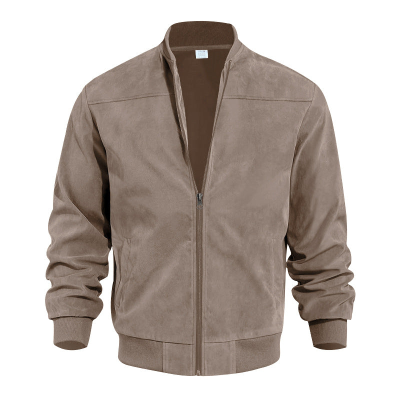 Men's faux suede bomber jacket with stand-up collar, ribbed cuffs, and side pockets StylebySassy
