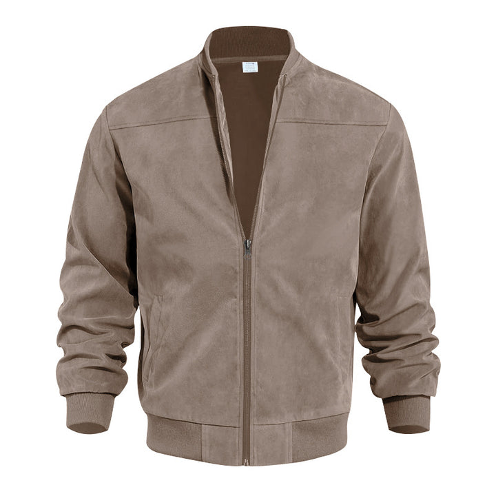 Men's faux suede bomber jacket with stand-up collar, ribbed cuffs, and side pockets StylebySassy