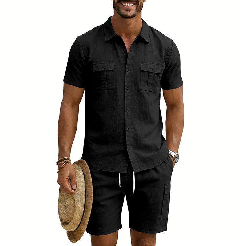 Men's summer leisure set made of cotton-linen blend with short-sleeve shirt and cargo shorts StylebySassy