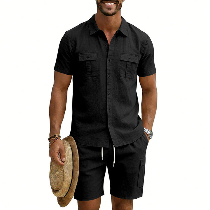 Men's summer leisure set made of cotton-linen blend with short-sleeve shirt and cargo shorts StylebySassy