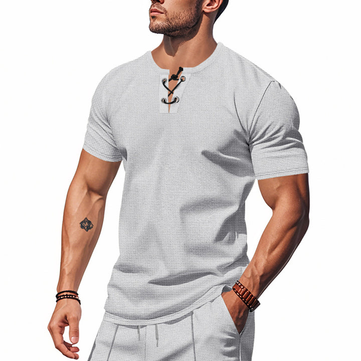 Men's short-sleeve shirt with lacing at the neckline and waffle texture StylebySassy