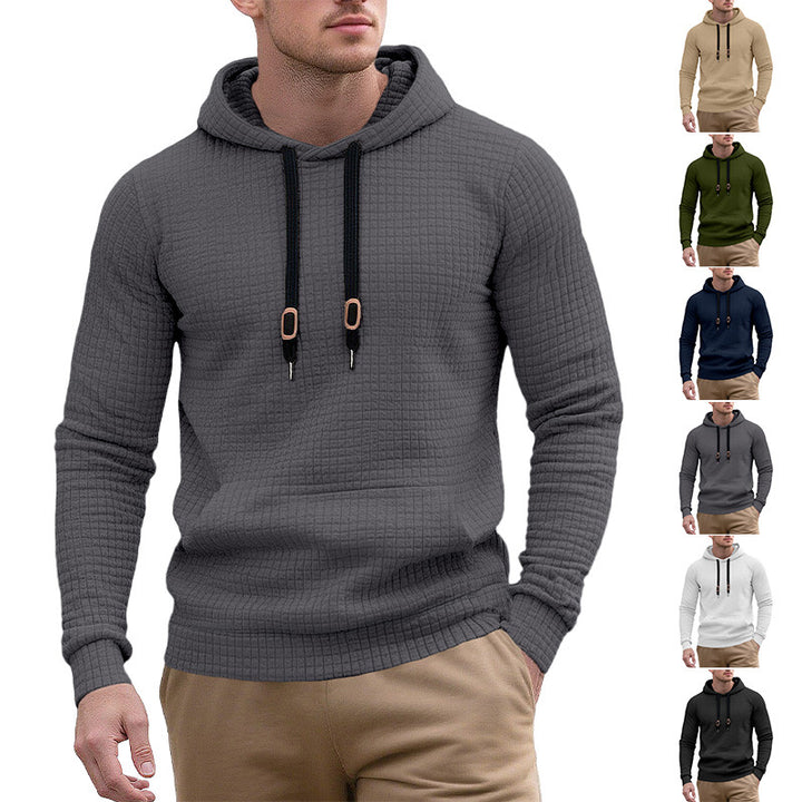 Men's narrow-cut quilted hoodie with fine square texture, drawstring and ribbed hem StylebySassy