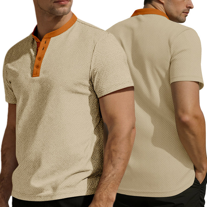 Men's slim short sleeve Henley polo shirt with Mandarin collar and fine jacquard texture StylebySassy