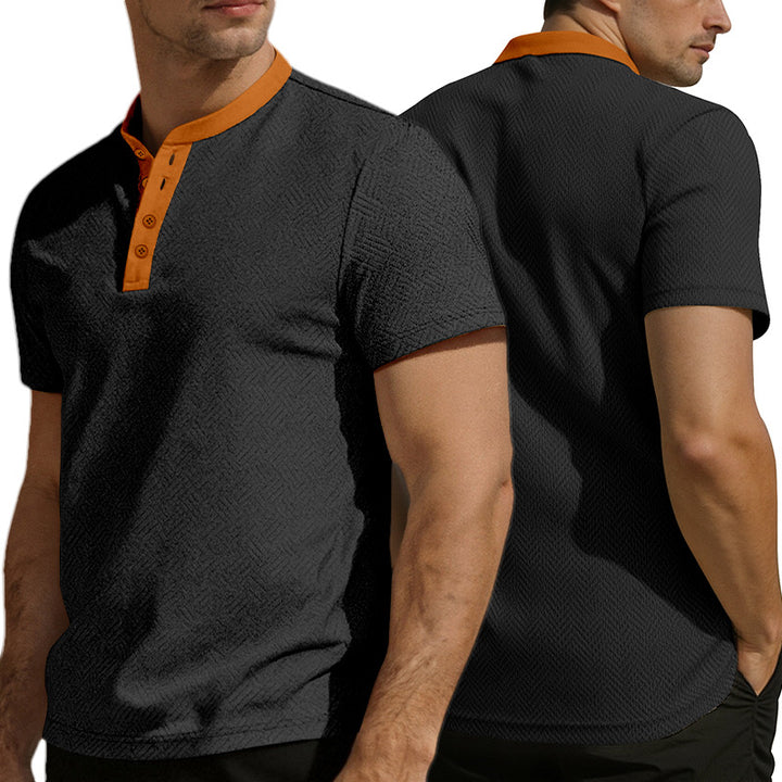 Men's slim short sleeve Henley polo shirt with Mandarin collar and fine jacquard texture StylebySassy