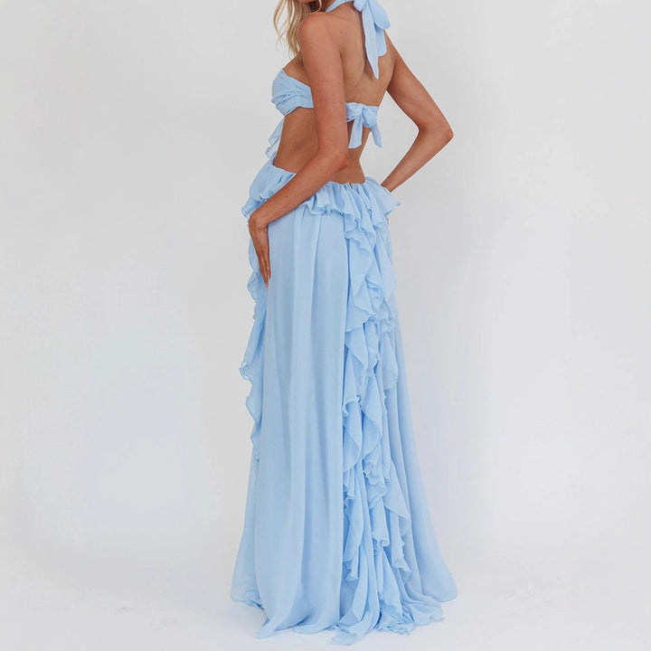 Ladies maxi dress with frills and bandeau neckline StylebySassy