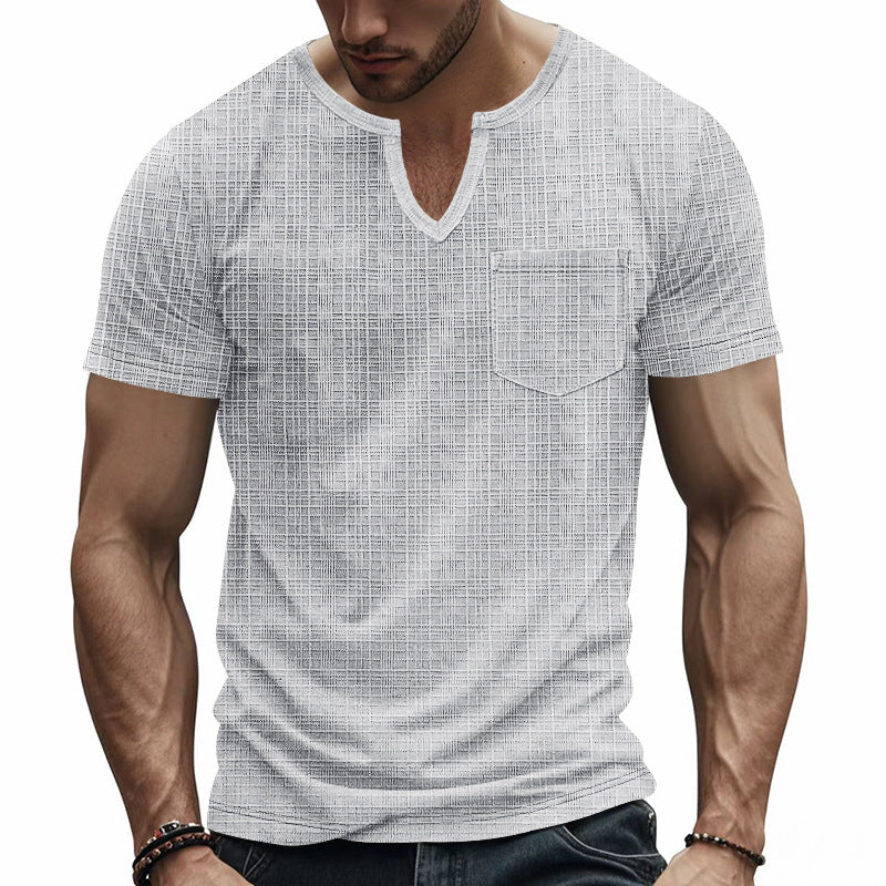 Men's short-sleeved shirt with slit V-neck structured linen look and patch chest pocket StylebySassy