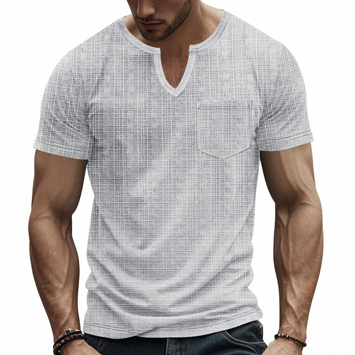 Men's short-sleeved shirt with slit V-neck structured linen look and patch chest pocket StylebySassy
