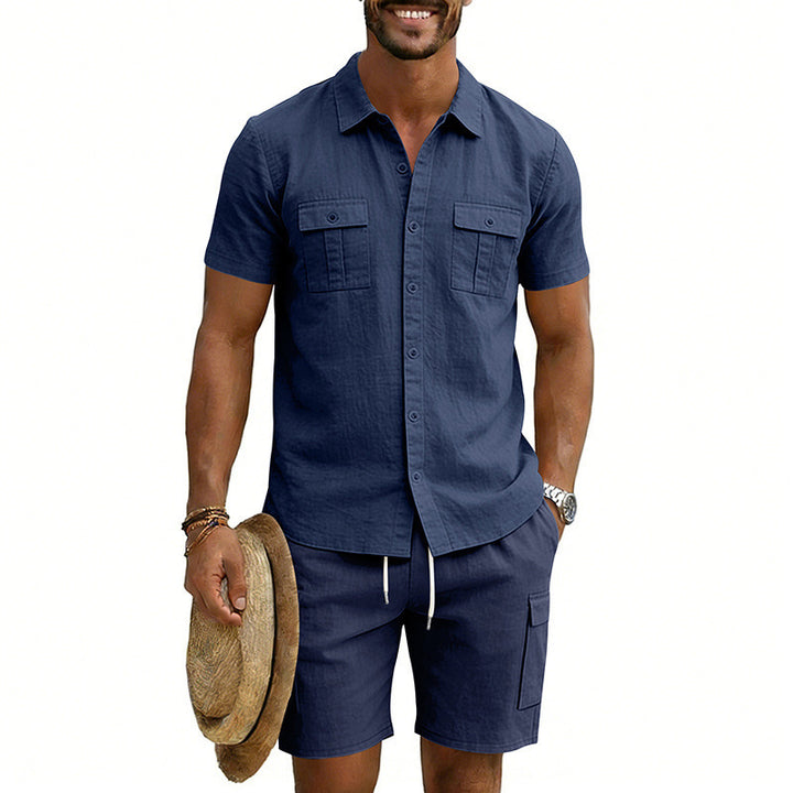 Men's summer leisure set made of cotton-linen blend with short-sleeve shirt and cargo shorts StylebySassy