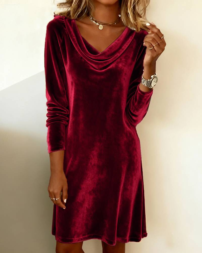 Women's velvet dress with draped waterfall neckline, knee-length A-line silhouette and long sleeves StylebySassy