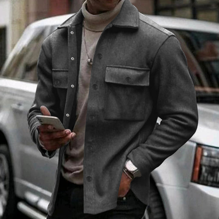 Men's fashionable overshirt jacket in felt look with patch breast pockets and visible snap button placket StylebySassy