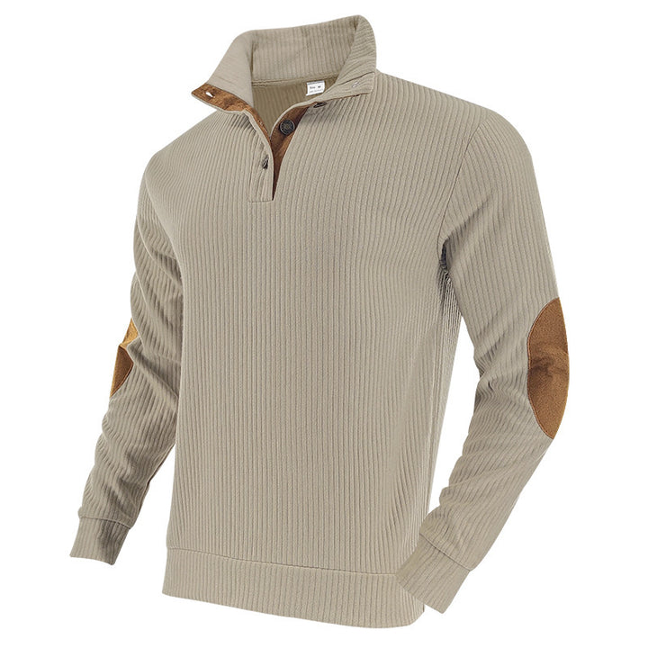 Men's ribbed turtleneck with stand-up collar and contrasting elbow patches StylebySassy