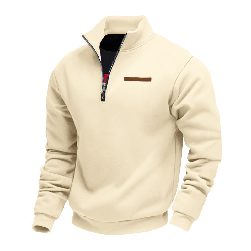 Men's half-zip sweatshirt made of heavy fleece with stand-up collar and concealed chest pocket StylebySassy