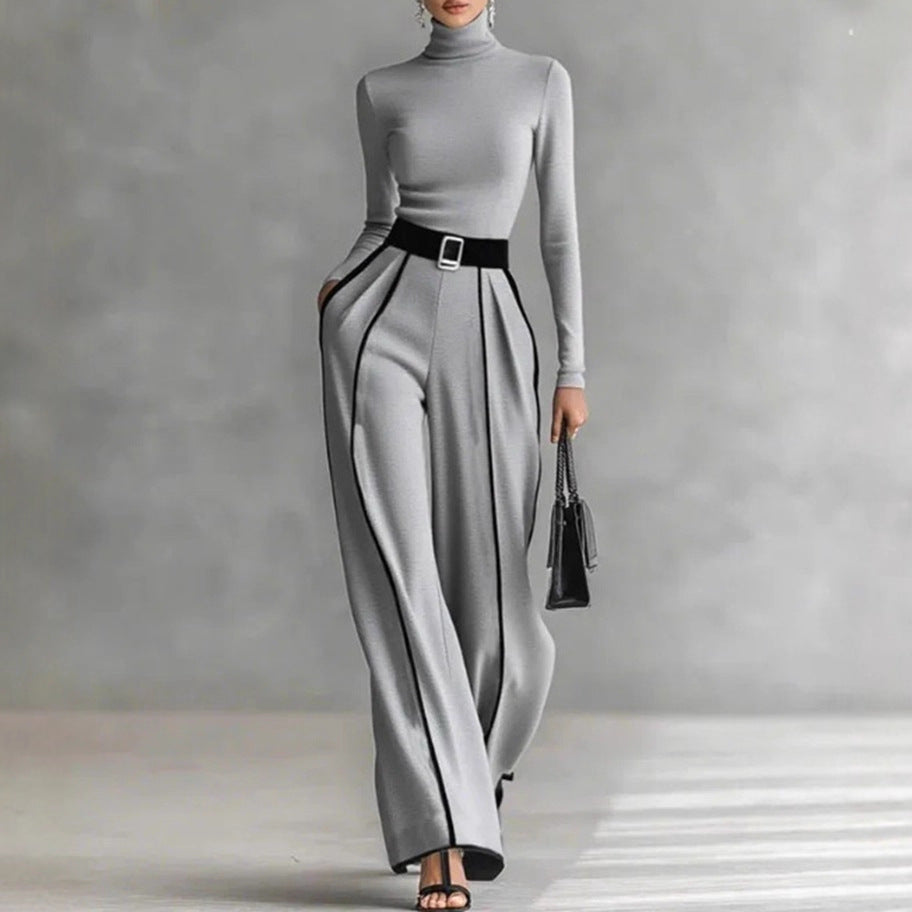 Ladies' elegant knit set with fitted turtleneck top and wide pleated trousers with waistband StylebySassy