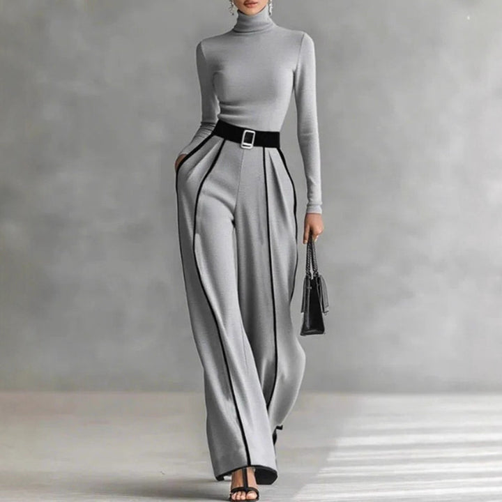 Ladies' elegant knit set with fitted turtleneck top and wide pleated trousers with waistband StylebySassy