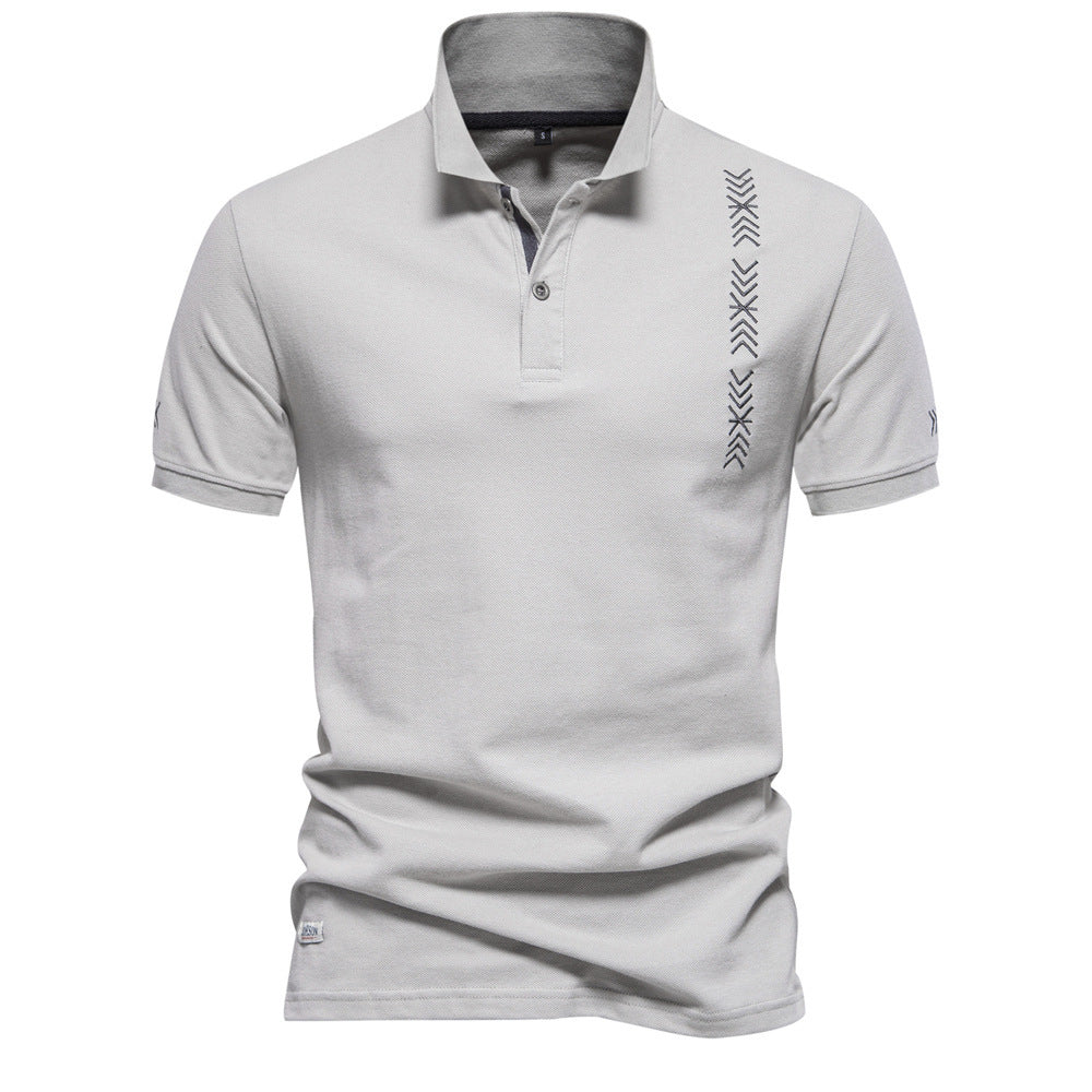 Men's nan casual polo with short button placket, embroidered arrow motif panel, and stand-up collar StylebySassy