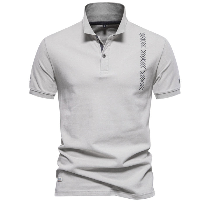 Men's nan casual polo with short button placket, embroidered arrow motif panel, and stand-up collar StylebySassy
