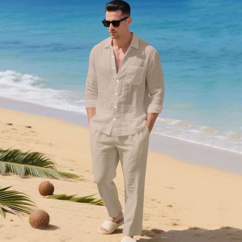 Men's light house suit made of cotton gauze with kent collar shirt, breast pocket and drawstring pants StylebySassy