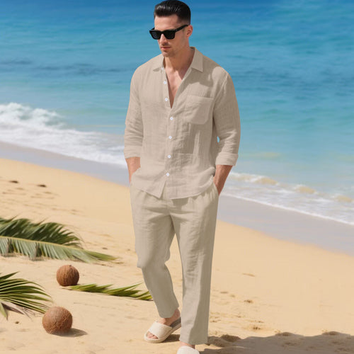 Men's light house suit made of cotton gauze with kent collar shirt, breast pocket and drawstring pants StylebySassy