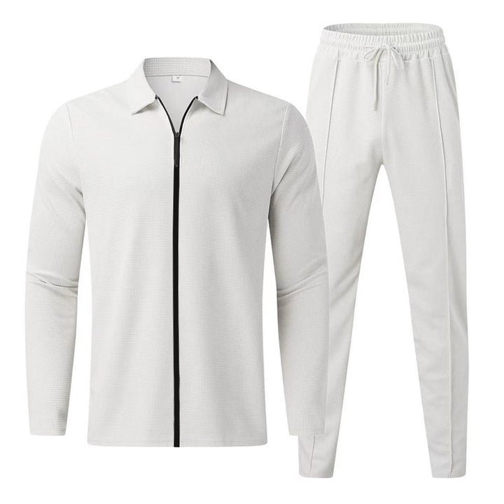 Men's structured waffle training set with shirt collar and slim-fit jogging pants StylebySassy
