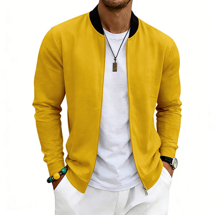 Men's lightweight bomber jacket made of jersey with stand-up collar, elastic cuffs, and concealed pockets StylebySassy