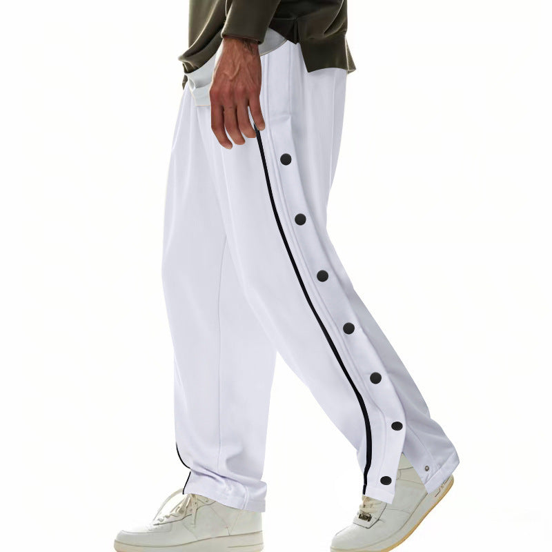 Men's wide training pants with side snap button placket, contrast stripes, elastic waistband, and straight leg StylebySassy