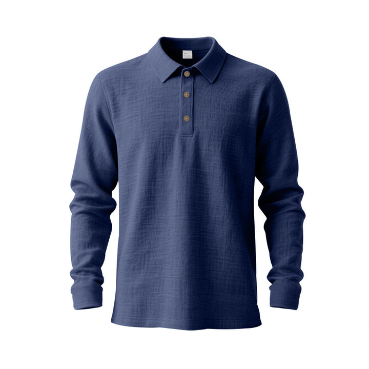 Men's long sleeve polo shirt made of cotton gauze with a shirt collar, three-button placket, and relaxed fit StylebySassy