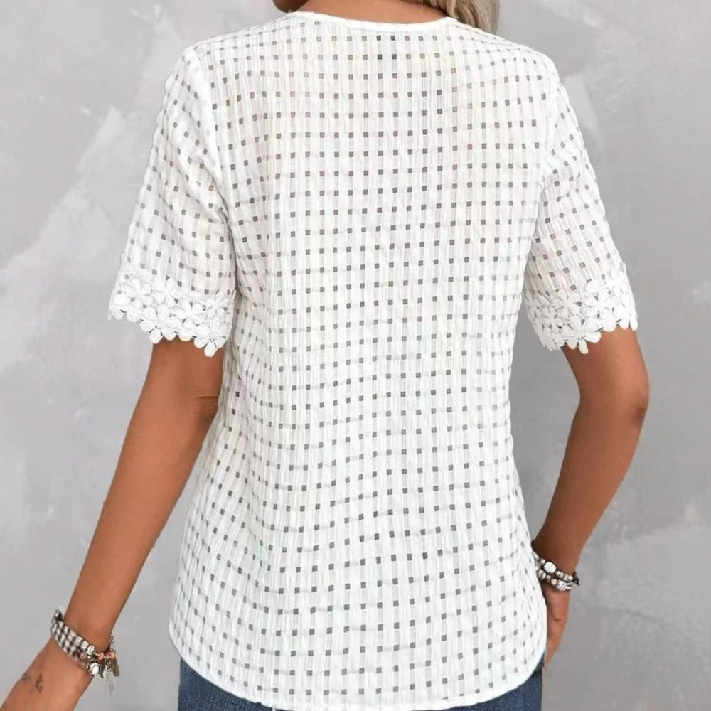 Women's lightweight structured shirt with check mesh, decorative lace trim at the V-neck and short sleeve hems StylebySassy