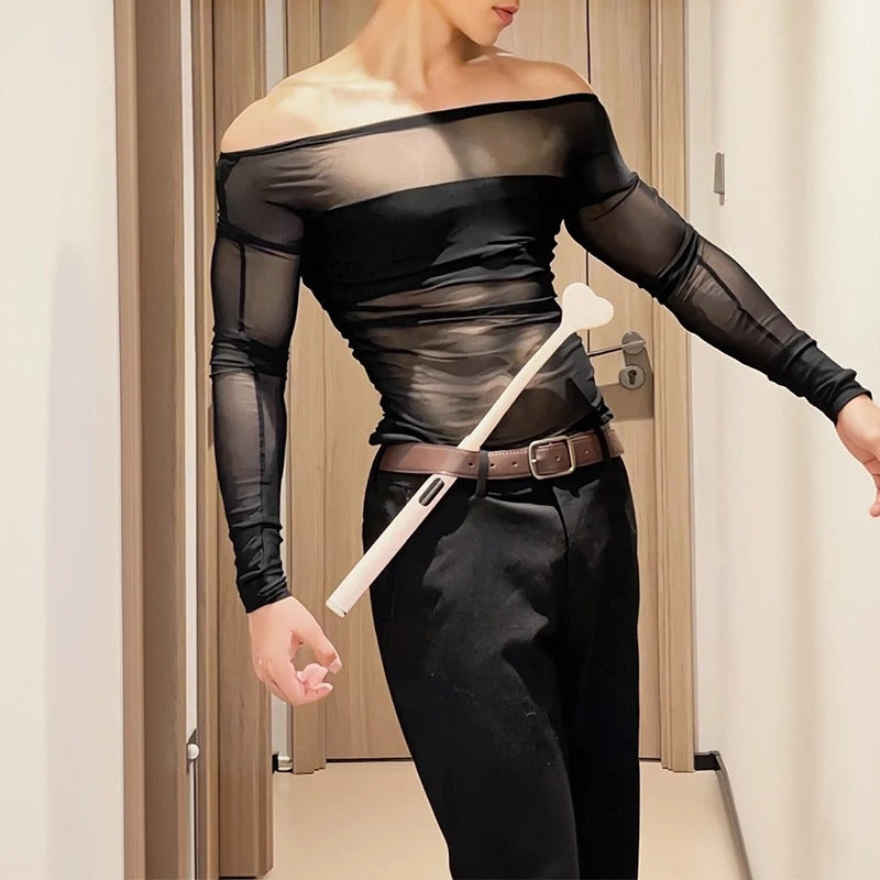 Ladies' sheer mesh long sleeve top with opaque chest band and wide round neckline StylebySassy