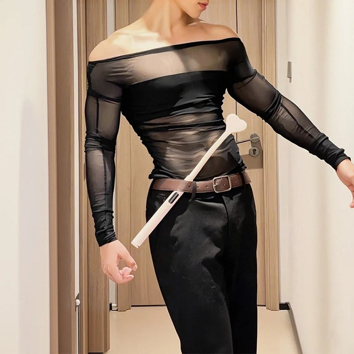 Ladies' sheer mesh long sleeve top with opaque chest band and wide round neckline StylebySassy