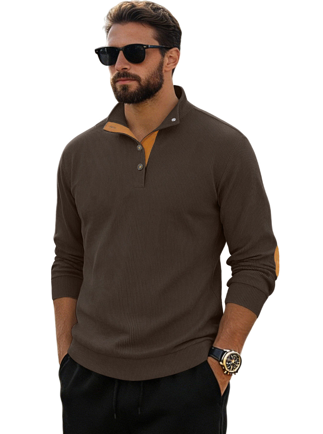 Men's fine ribbed knitted pullover with polo collar button placket and elbow patch StylebySassy
