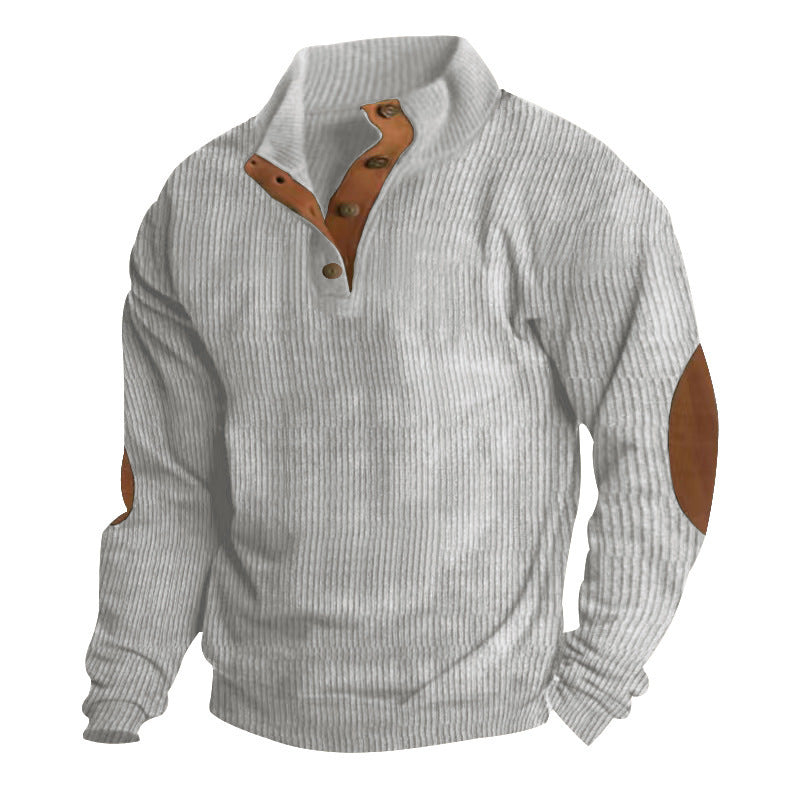 Men's chunky knit sweater with stand-up collar, button placket, and faux leather elbow patches StylebySassy