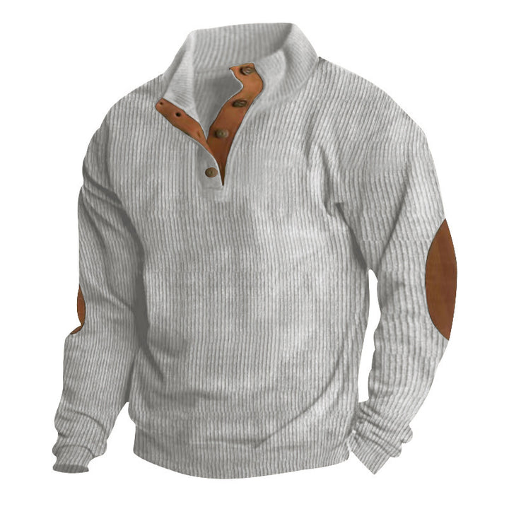 Men's chunky knit sweater with stand-up collar, button placket, and faux leather elbow patches StylebySassy