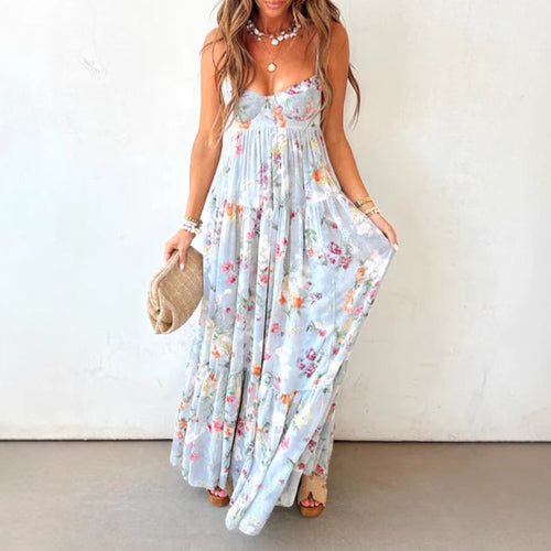 Women's strapless corset maxi dress with heart neckline, tiered ruffle skirt and nostalgic toile pattern StylebySassy