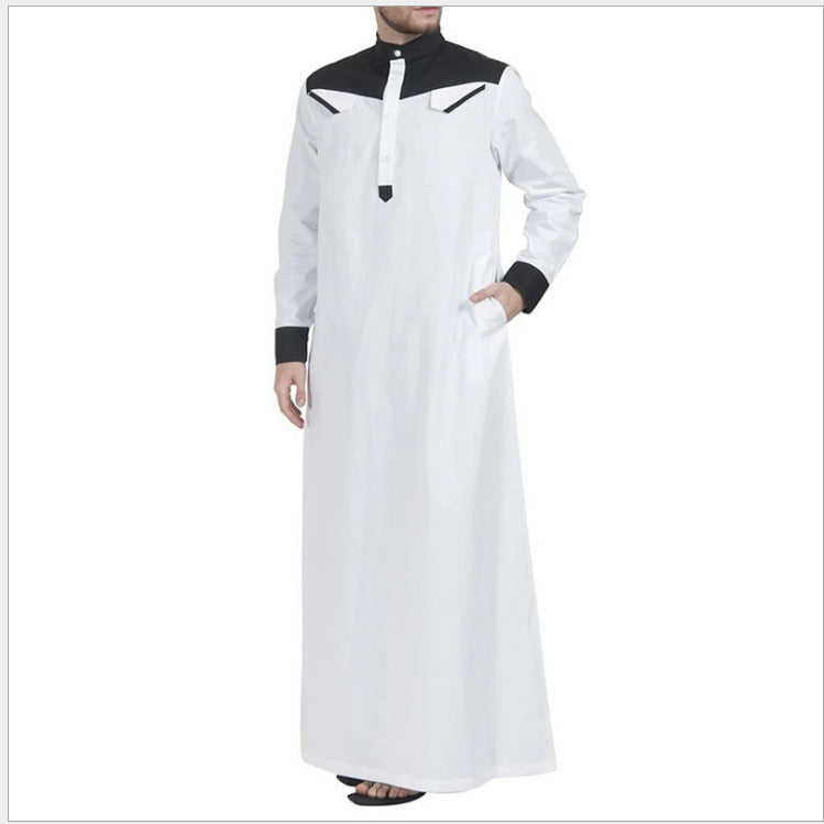 Men's long thobe with contrasting shoulder yoke, stand collar, and side pockets StylebySassy