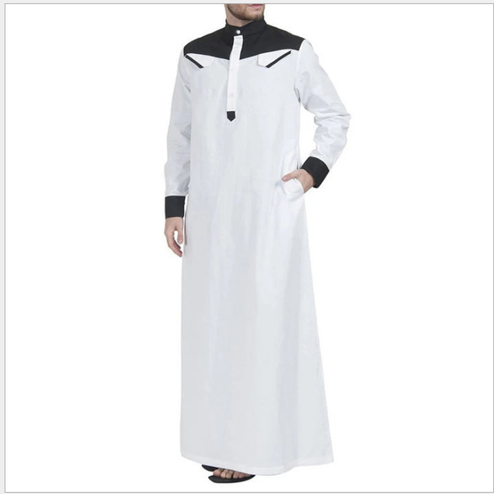 Men's long thobe with contrasting shoulder yoke, stand collar, and side pockets StylebySassy